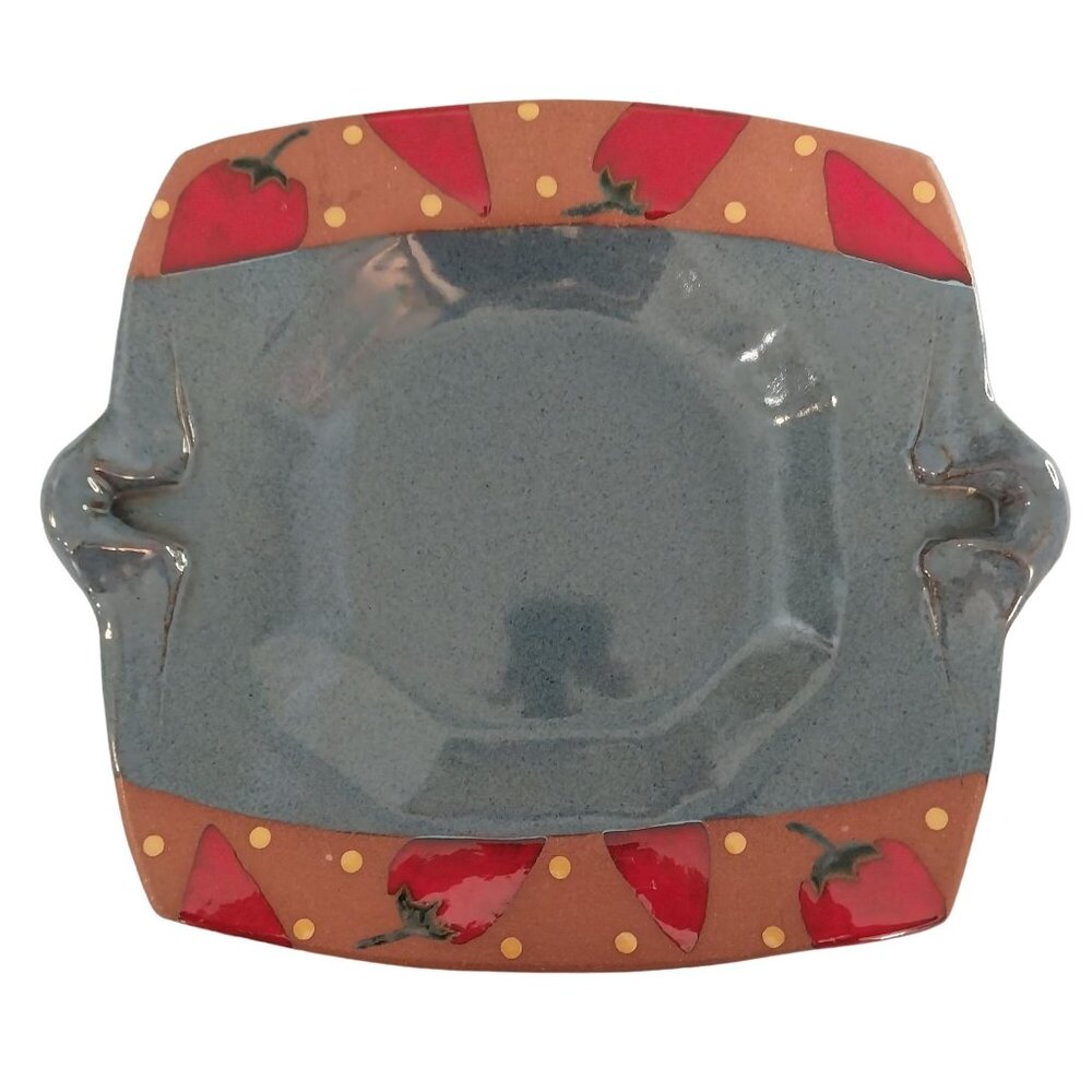 Pottery Square Serving Dish Chili Design Blue And Brown Glazed With Handles